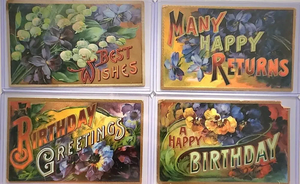 Lot Of Four Vintage Antique Embossed Postcards Flowers Birthday Wishes Returns